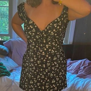Black and green floral mini dress off the shoulder